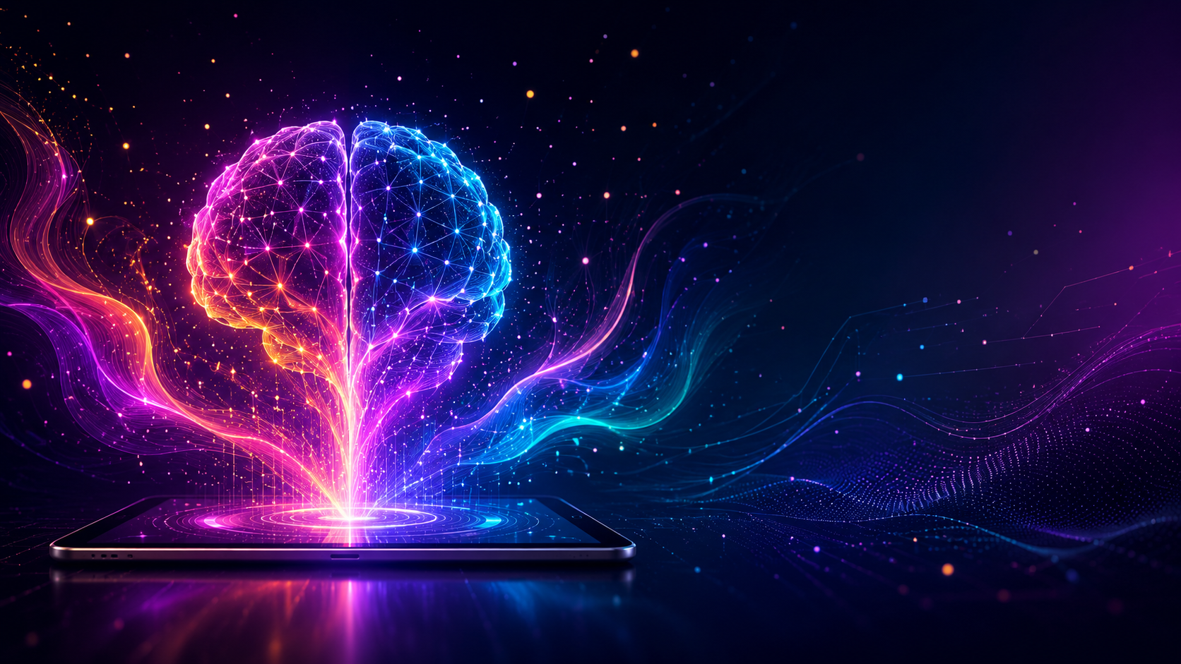 Holographic AI brain emerging from a digital tablet with a luminous color halo